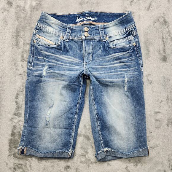 Ariya Jeans Shorts Womens 7/8 Blue Distressed Low Rise Bermuda Cuffed Stretch - Picture 1 of 13